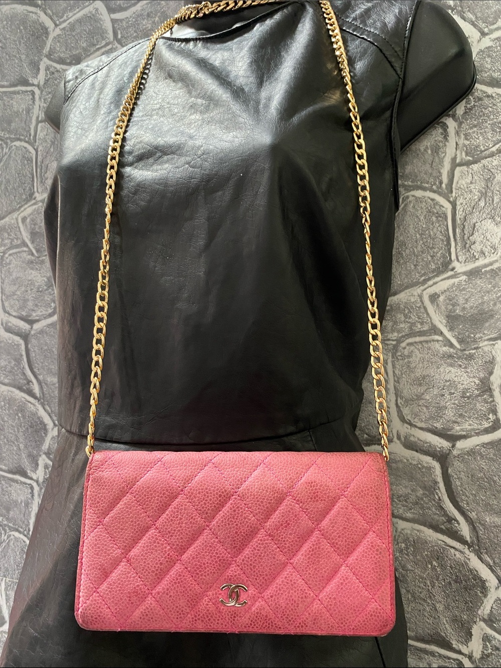 Authentic Chanel Pink Quilted Caviar Leather Flap L Yen Long Wallet